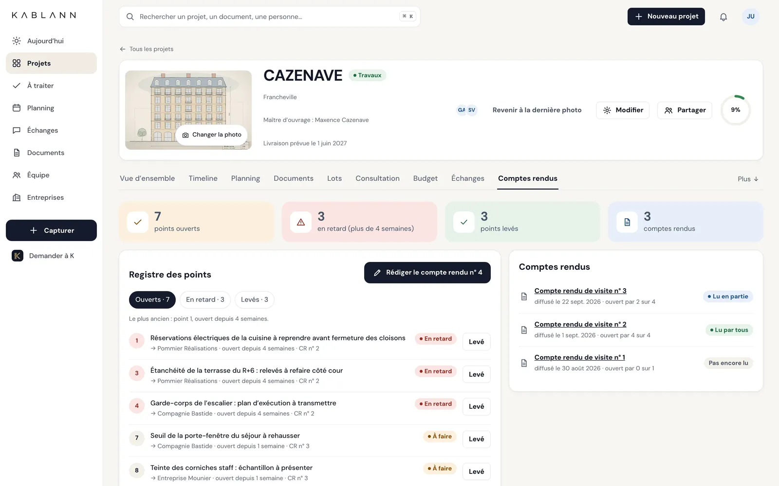 L'écran Compte rendu de Kablann : points de la réunion, responsables, échéances et réserves