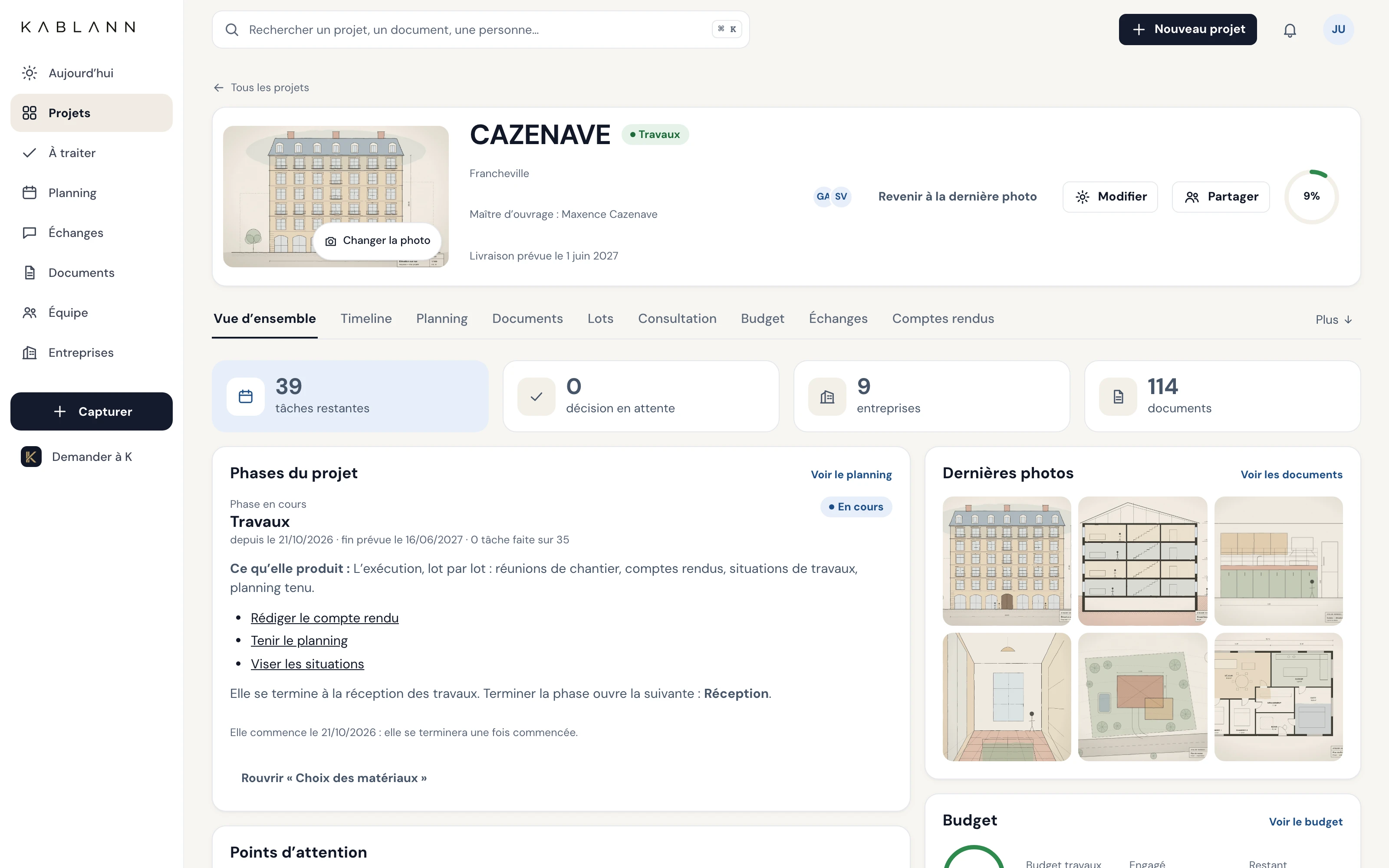 La fiche d'un projet dans Kablann : phase en cours, tâches restantes, entreprises, documents, dernières photos et budget
