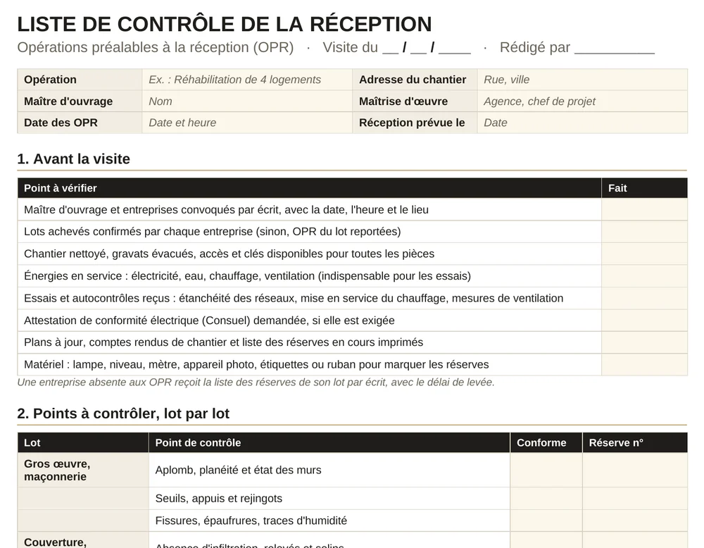 Aperçu de la liste de contrôle de la réception : préparation de la visite et points à contrôler lot par lot